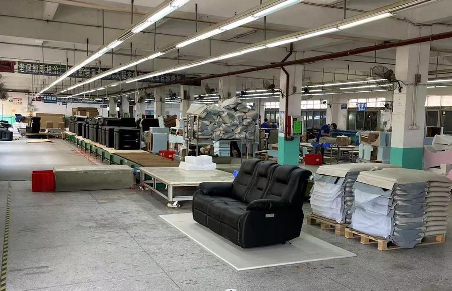 An upholstery line with a finished power reclining sofa