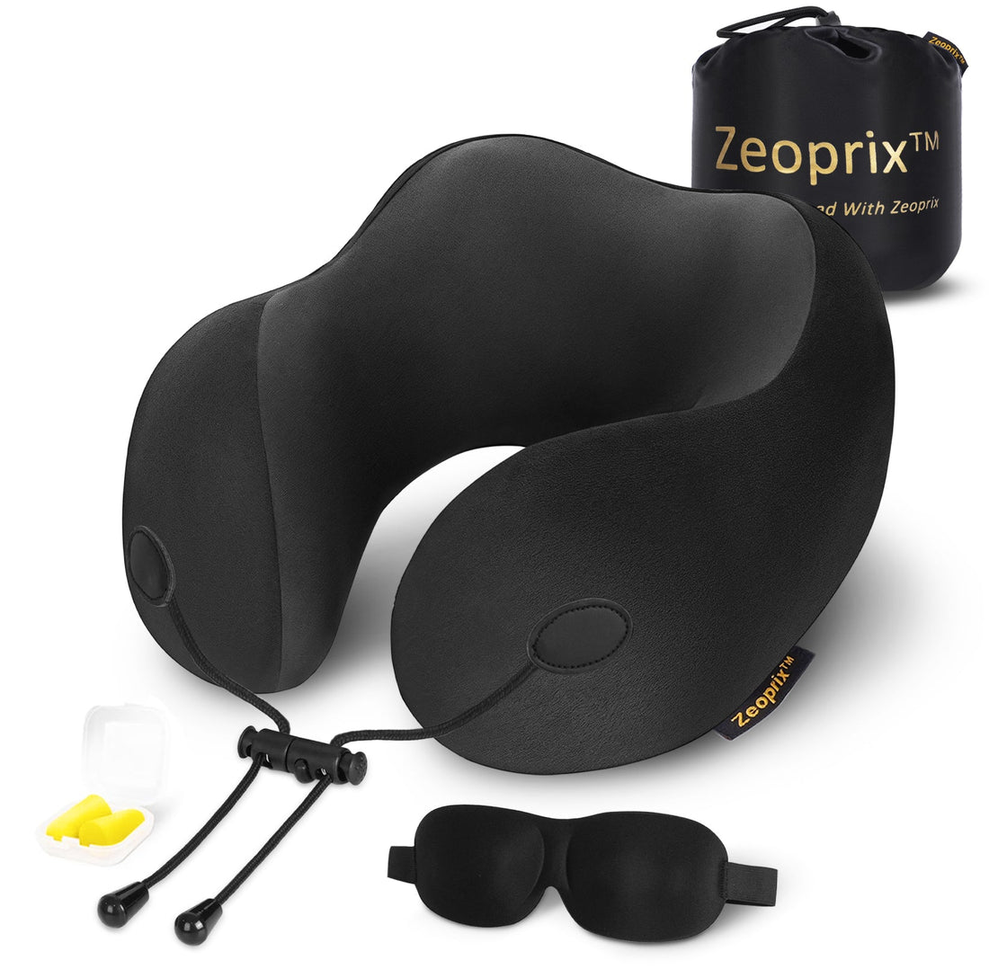 Zeoprix Classic U-shaped memory foam travel neck pillow in black