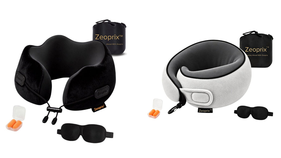 The Zeoprix Classic U-shape in black next to the 360° Wrap in light grey, each with its eye mask, earplugs and bag