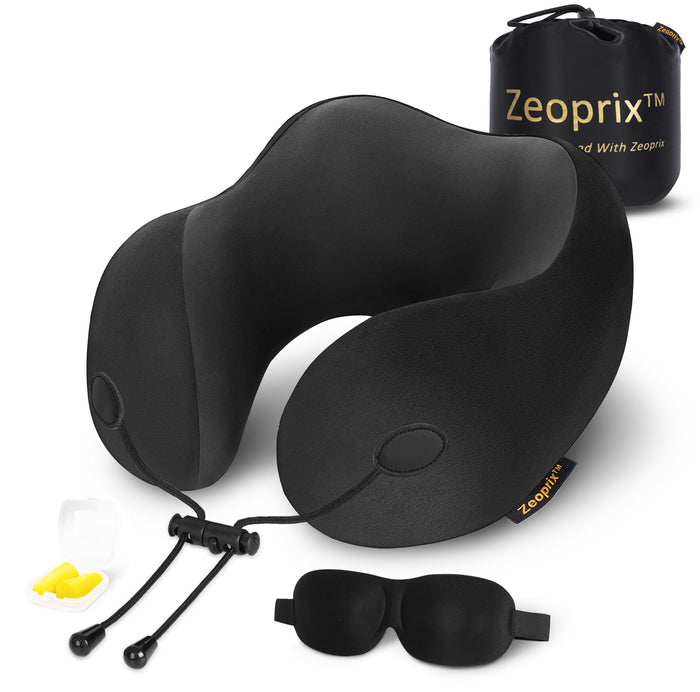 Zeoprix Classic memory foam travel neck pillow in black with drawstring carry bag, sleep eye mask and earplugs