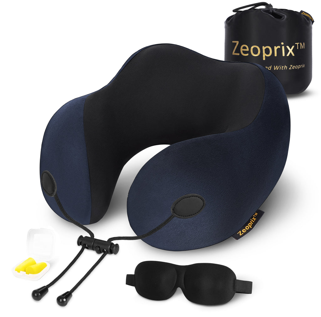Zeoprix Classic memory foam travel neck pillow in navy blue with carry bag, eye mask and earplugs