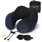 Zeoprix Classic memory foam travel neck pillow in navy blue with carry bag, eye mask and earplugs