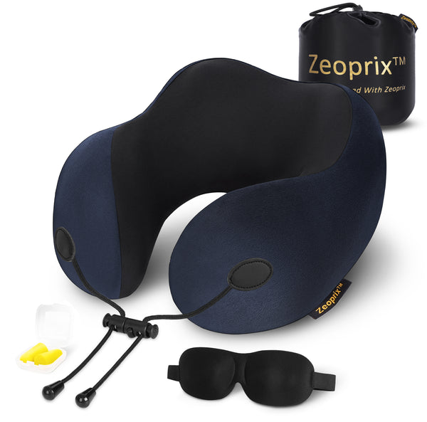 Zeoprix Classic memory foam travel neck pillow in navy blue with carry bag, eye mask and earplugs