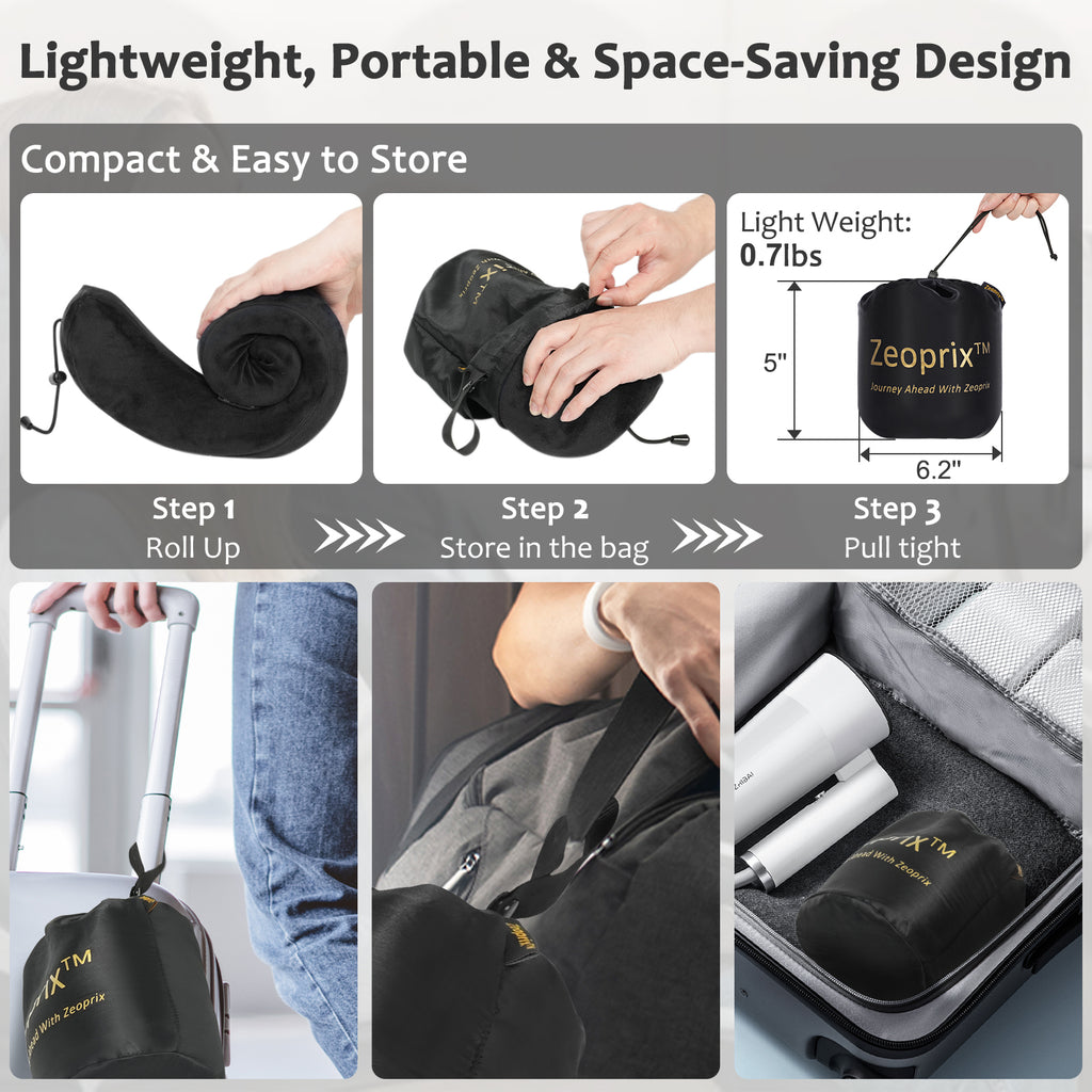 Zeoprix Classic rolled into its compact drawstring bag, 0.7 lb, clipped to a carry-on suitcase