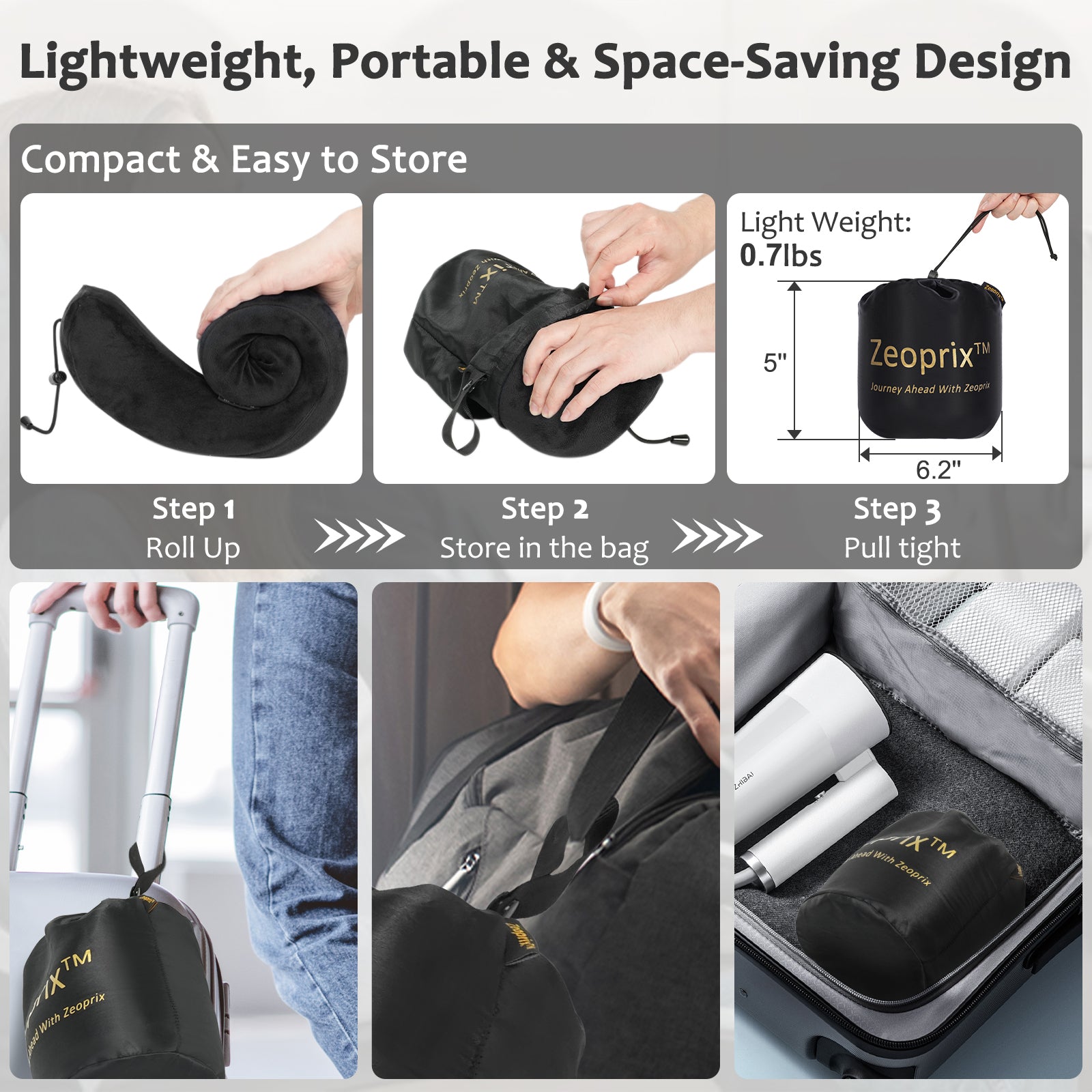 Zeoprix Classic rolled into its compact drawstring bag, 0.7 lb, clipped to a carry-on suitcase