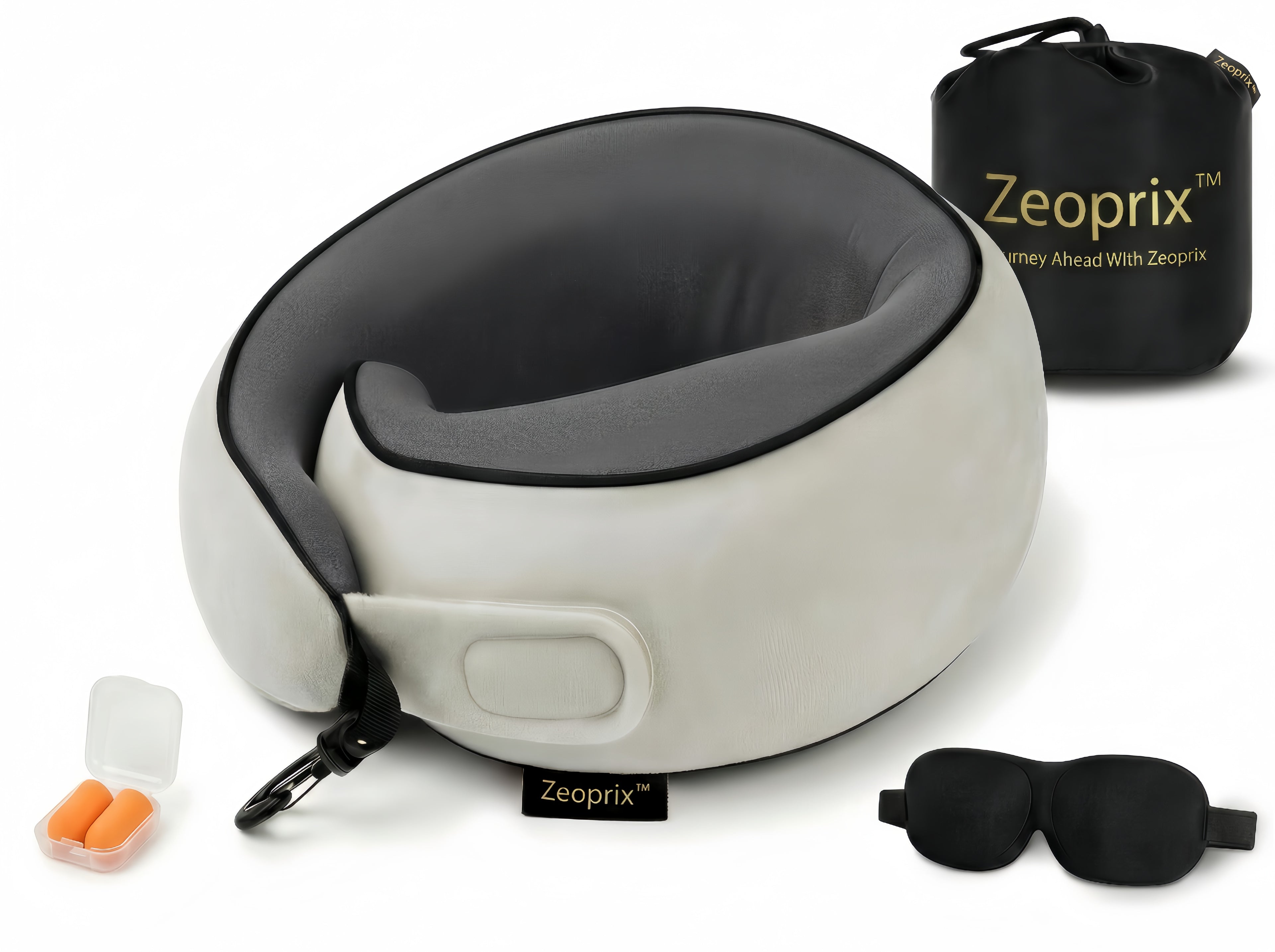 Zeoprix 360 Wrap travel neck pillow in light grey wrapping fully around the neck, with carry bag, eye mask and earplugs