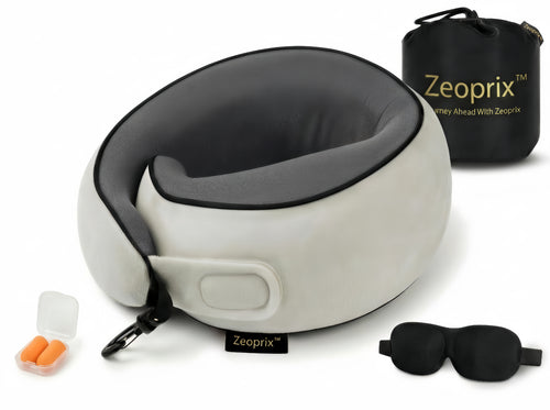 Zeoprix 360 Wrap travel neck pillow in light grey wrapping fully around the neck, with carry bag, eye mask and earplugs