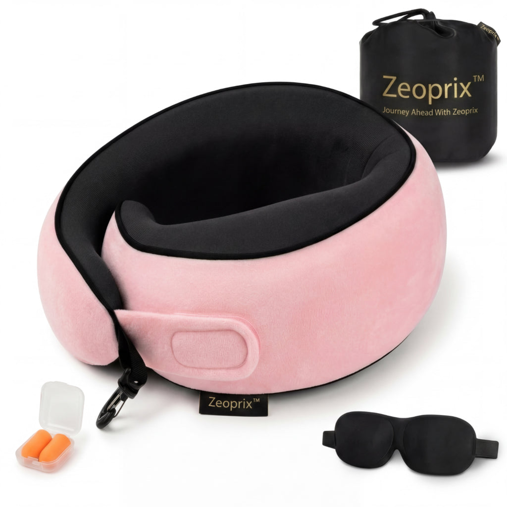 Zeoprix 360 Wrap travel neck pillow in pink with black inner lining, carry bag and eye mask