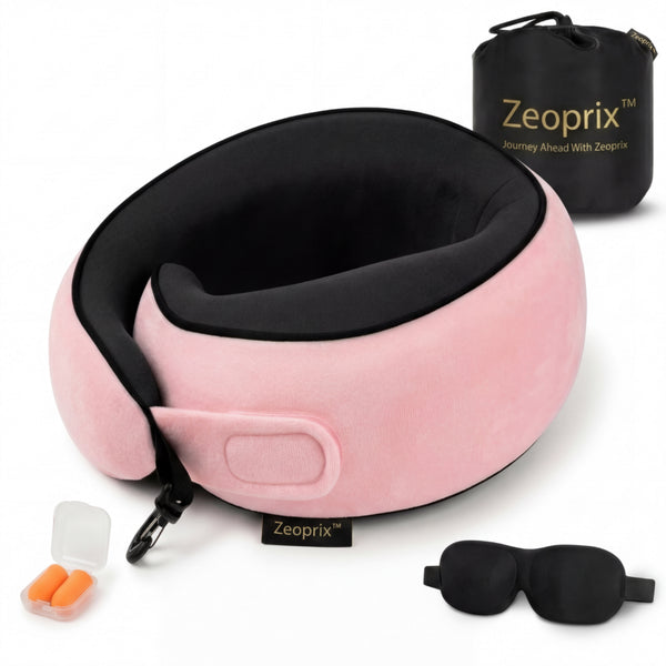 Zeoprix 360 Wrap travel neck pillow in pink with black inner lining, carry bag and eye mask