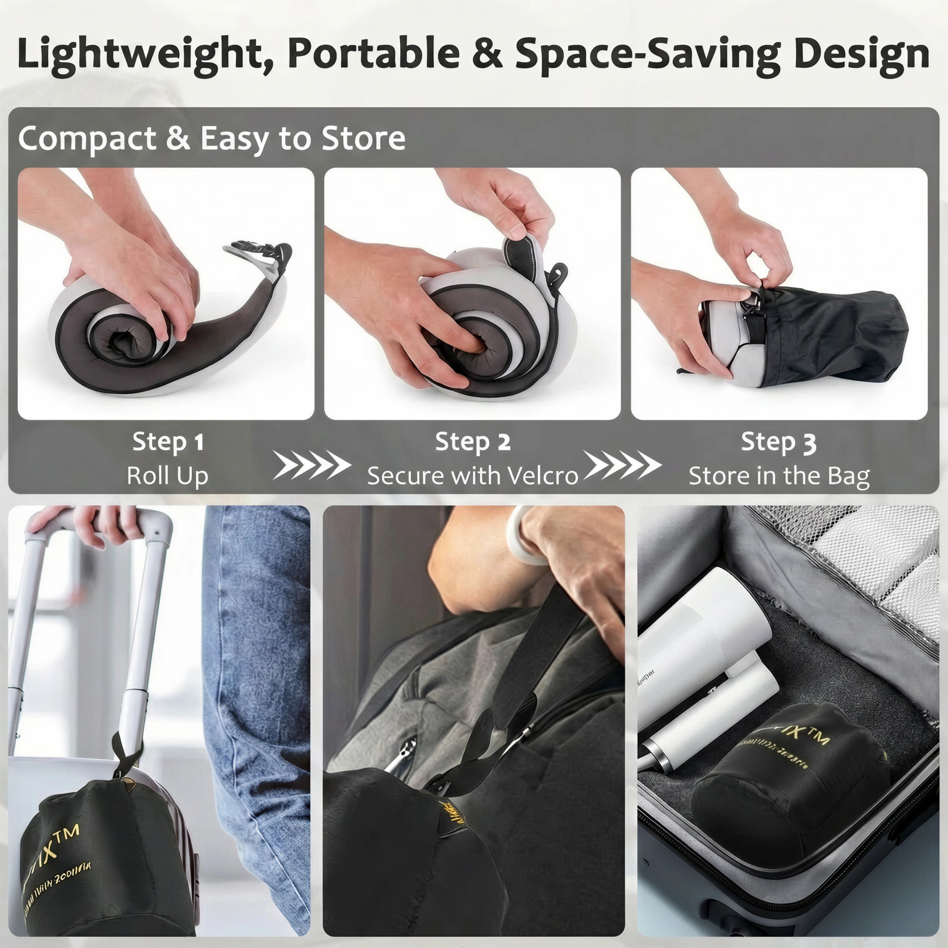 Zeoprix 360 Wrap rolled up, secured and stored in its drawstring bag inside a suitcase