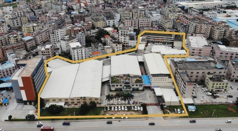 Aerial view of the Zeoprix factory in Shenzhen, its site outlined in gold