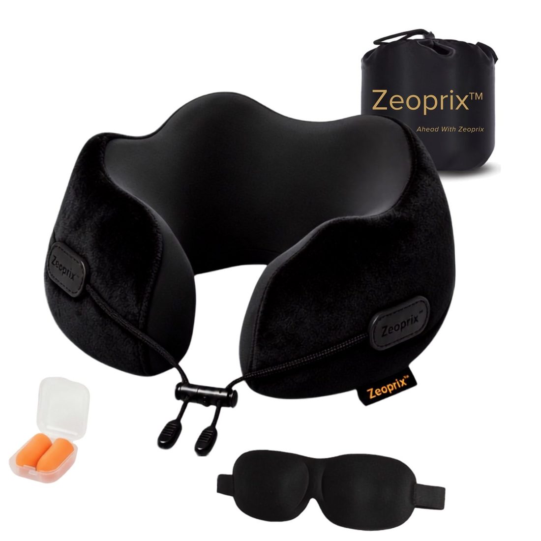 The Zeoprix Classic travel pillow in black with its carry bag